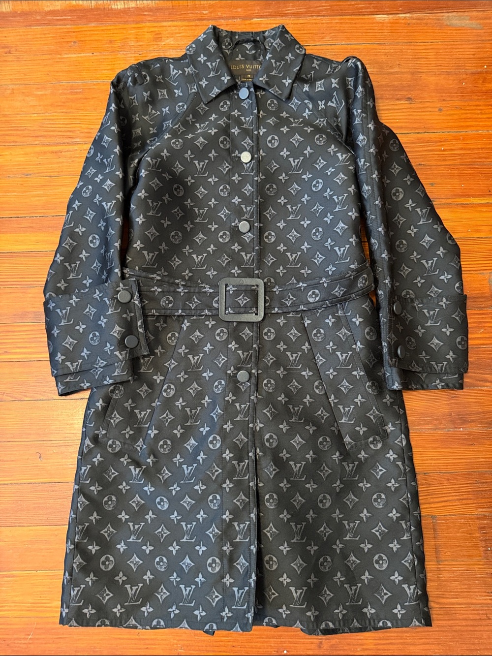 Authentic Louis Vuitton Black Monogram Belted Trench Coat Size 38